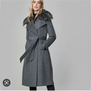 Karl Lagerfeld Paris Faux Fur Trimmed Belted Wool Coat - Size L/XL